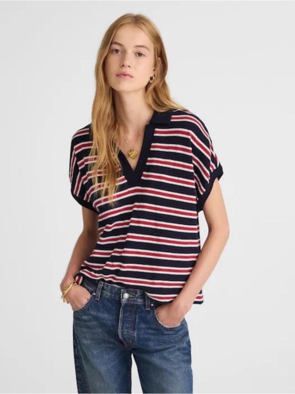 Madewell Relaxed V-Neck Polo Shirt in Stripe Medium